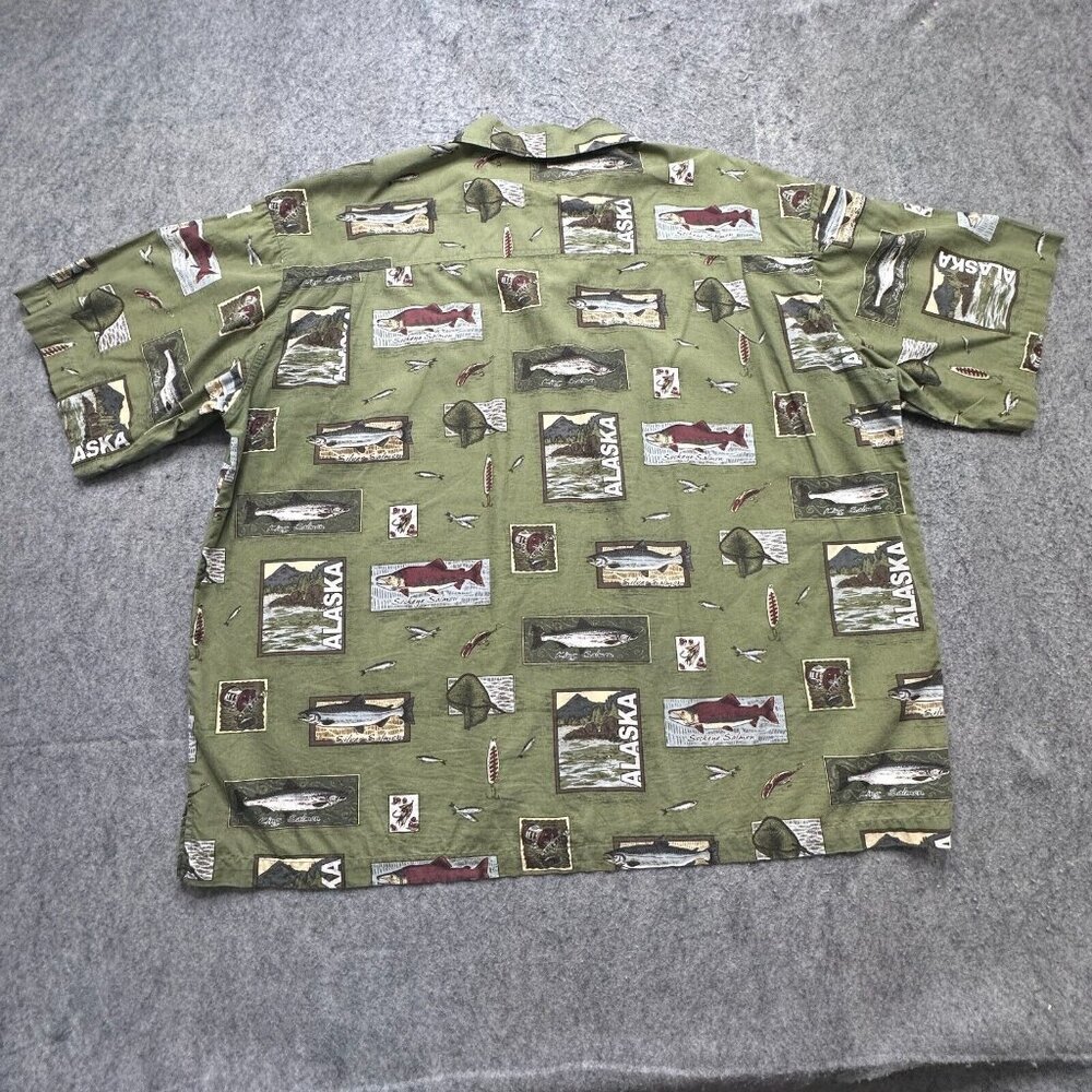 David Carey Camp Shirt Men 2XL Green Alaska Print Fish Graphic Short Sleeve - Picture 6 of 11